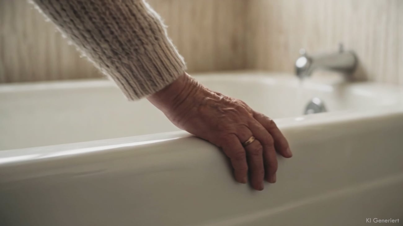 Szene aus dem TV-Spot – eine ältere Hand stützt sich am Badewannenrand ab