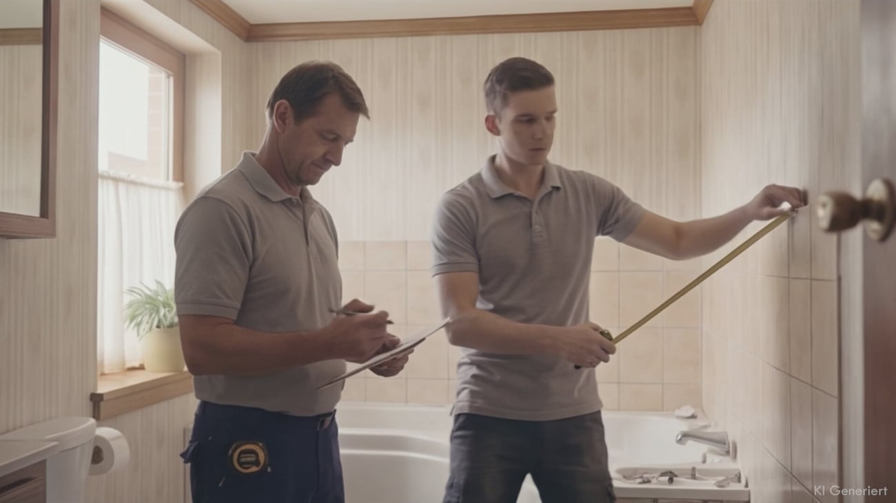Szene aus dem TV-Spot – zwei Handwerker beim Aufmaß im Bad